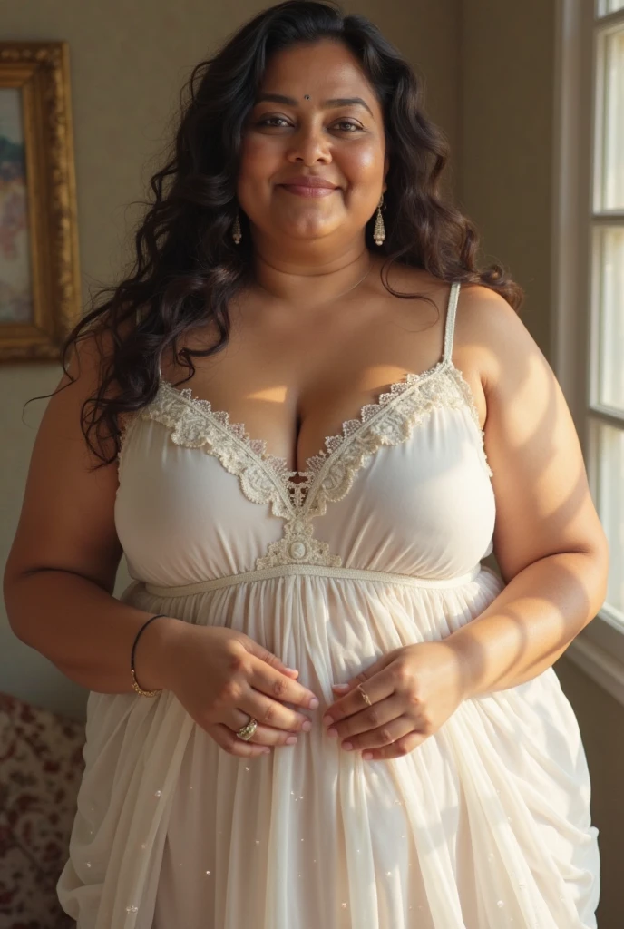 Woman of Venezuelan descent in a beautiful conservative dress who is a little chubby so that the photo looks realistic
