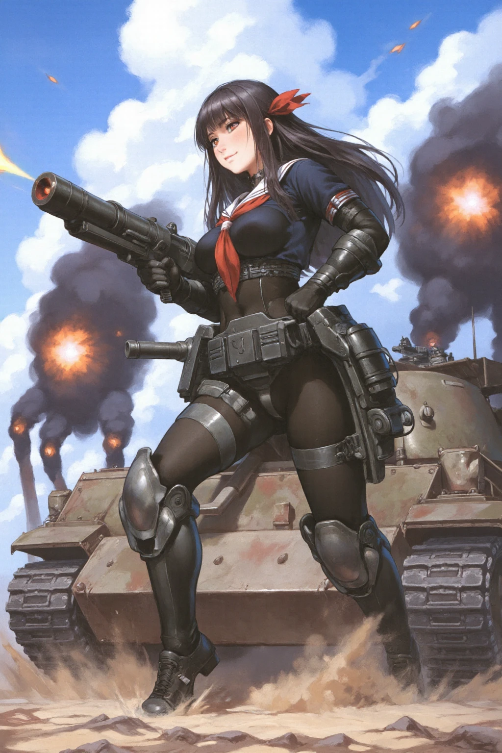 ((Armored tank, tank)), beautiful woman in military uniform next to tank,(Woman in military uniform)