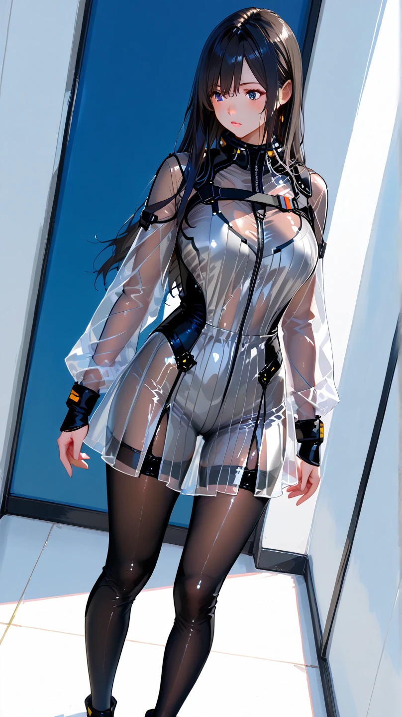 Mature wearing 100% transparent plastic clothes, legs spread in the shape of M