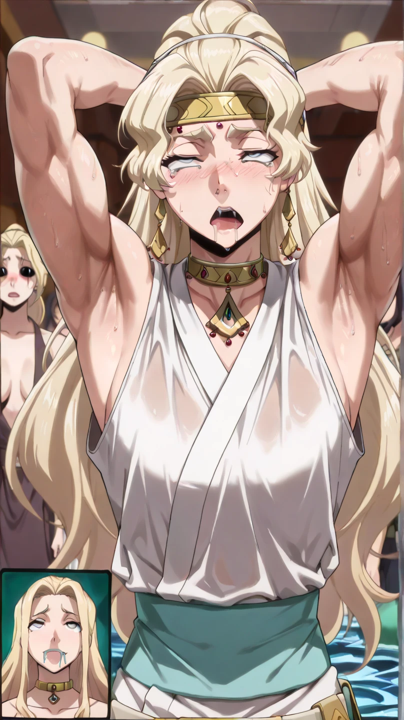 ((Highest quality)), ((masterpiece)), (detailed), (Perfect Face)、The woman is the Greek goddess Tyre, wearing a white Doric chiton from ancient Greece, with medium blonde hair and green eyes.、In ancient Greek mythology, women perform sexual services for other goddesses and male gods in temples.