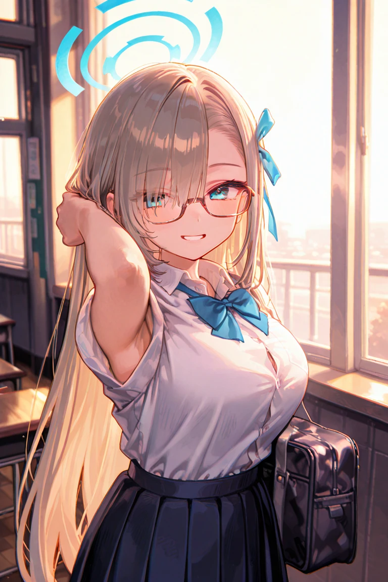 sticking to shirt、Her breasts are visible through her blue and white striped shirt、Blue flared skirt、She lifts her skirt to reveal her cute white lace underwear、Long haired girl wearing glasses
