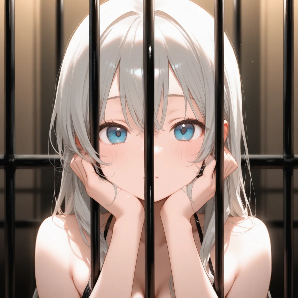 One naked girl、No clothing on、Being in the dungeon、Trapped in a very narrow cage、sitting behind the bars、Expressionless and dead-eyed、Have empty eyes、A streak of tears is flowing、Being tied up with hands behind back、Light blue hair、blue eyes、My breasts are a little large、Nipples、Pussy、Liquid dripping from the crotch、Wearing a floral ornament on her head、Condensed milk is poured all over the body、Condensed milk on your hair、condensed milk on the face、whole body、A view from outside the cage、