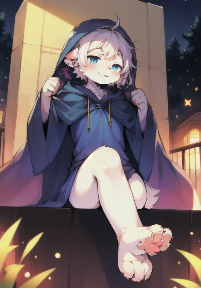 (masterpiece:1.3), (2D:1.0), (anime:1.0), (illustration:1.0), (sharp:1.2), (hard light:1.0), (shadow:1.0),(reflection, refraction:0.8), (light rays, dappled light, light glare, lens flare, Tyndall effect:1.0), (clear, shiny:1.0), (best quality:1.2), (ultra-detailed:1.0), (extremely intricate:1.0), (blurry foreground,cinematic light,ray tracing:1.1), (bright_colors,dark_intense_shadows:1.1), (impasto,colorful:1.2), (warm_light_from_below,glow_white_particles:1.1), (Ensemble_Stars!_\(style\):0.95). wolf_boy,anthro,uploaded_on_e621,solo,upper_body,cowbow_shot,male_focus,furry_kemono,furry_male,cub,young_male,bishounen,11_years_old,kawaii,cute,fancy,fragile,cool,handsome. detailed_fluffy_fur,tuft,(white_fur,body_fur,oil_skin,skin_with_fluffy_fur:1.3),animal_nose,animal_ear_fluff,fluffy_paws,pawpads,animal_hand,fluffy_big_tail. blue_clothes,(hooded_cloak,hood_up:1.5),male_short_hair,white_hair,blue_eyes,one_eye_closed,bangs,closed_mouth,smile,light_blush,hands_up,holding_star,bottomless,(knees_together_feet_apart,sitting:1.2),looking_at_viewer. (night,starry_sky,crescent_moon,star_\(sky\),gem,plant, star_\(symbol\),sparkle),outdoors, scenery.
