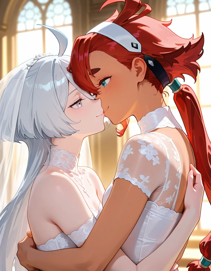2 girls, aoi nagisa, side view face, kissing face, profile face, profile kissing, closed eyes, happy face, brown hair, short ponytail, green hair bobbles, white strapless ruffle top, small breasts, <lora:Kizuki - Strawberry Panic - Nagisa Aoi:1>, Shizuma, long wavy silver hair in a ponytail, side view, side view face, kissing face, profile face, closed eyes, white lace detailed top, cleavage, large breasts, <lora:Shizuma-09:1>, <lora:happy_kiss_v2-000010:1> nature background