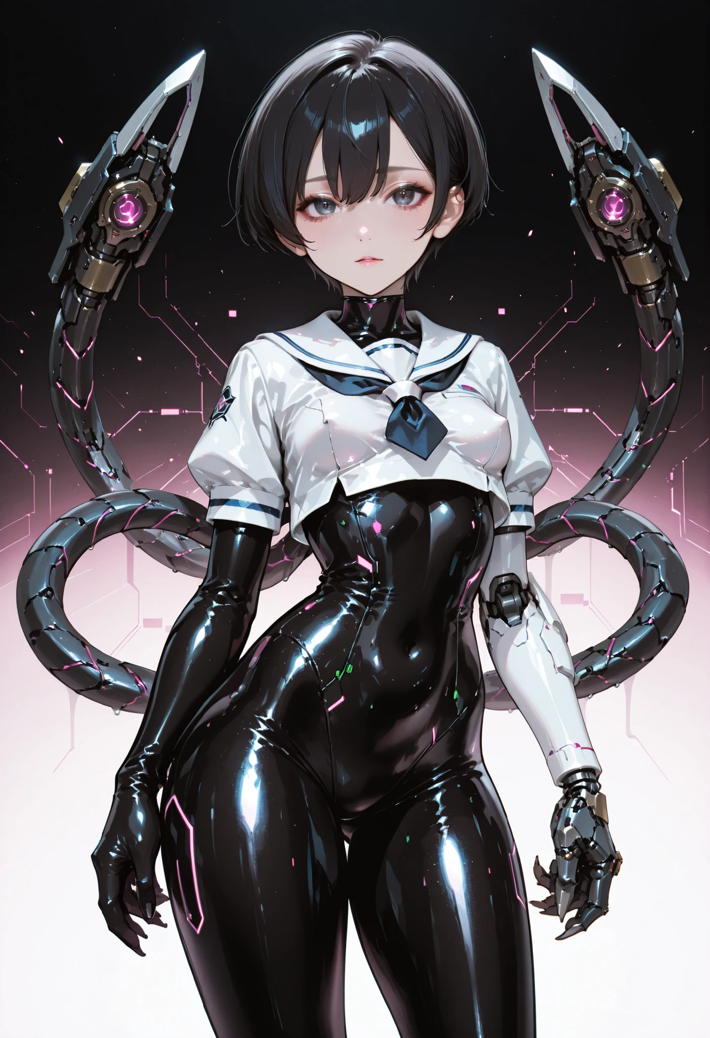 Armed girl. Black hair. Short hair. Intercom. Japanese school uniform top. White uniform. Glossy. Black bodysuit. Latex bodysuit. Perky breasts. Slender waist. Thighs. Electronic circuit pattern costume. With mechanical monster. Turret. Mechanical tentacle arm. Tentacle with claws.