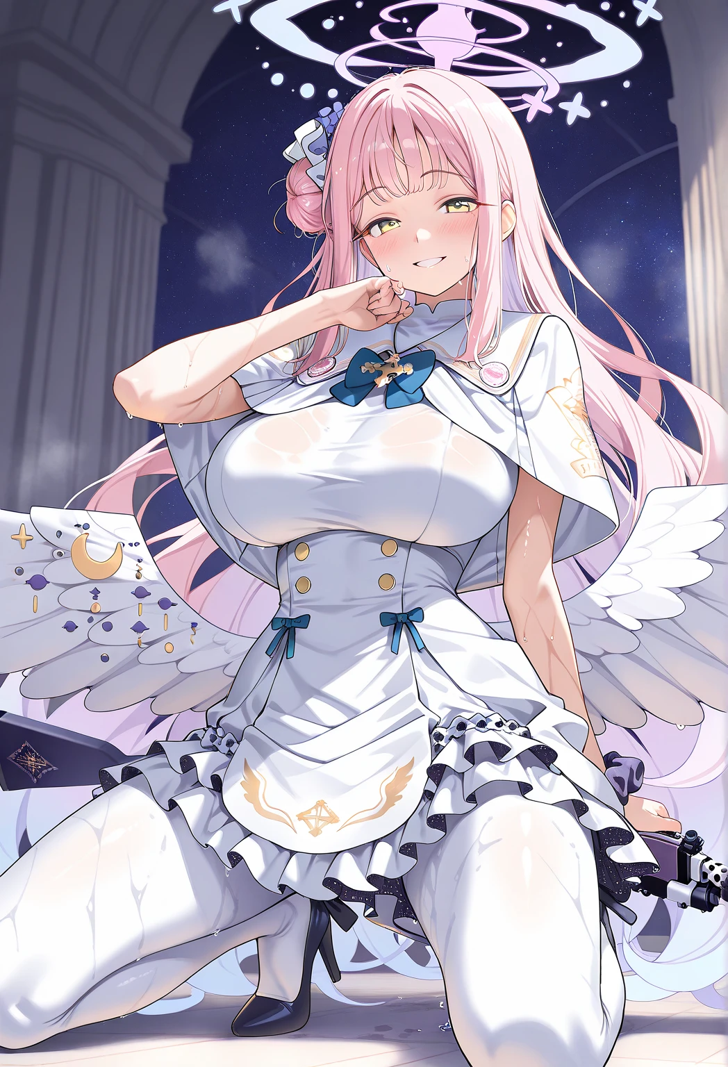 1 woman、爆乳、cleavage of the breast、Light pink star-studded hair、Long lace veil、Lolita clothes with lots of frills and ribbons、angel wings studded with jewels、a smile