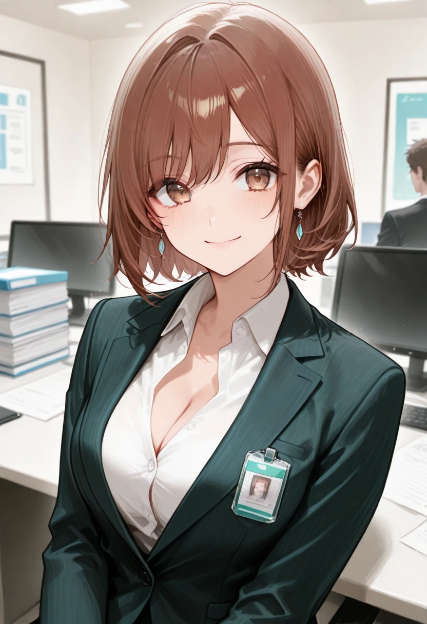 masterpiece, highest quality, best quality, 1girl, solo, looking at viewer, , tezuka rin, (armless amputee:1.2), brown hair, collar, collared shirt, (double amputee:1.2), green eyes, katawa shoujo, red necktie, shirt, short hair, solo, white shirt, lozhkin, grin, accurate teeth with gaps