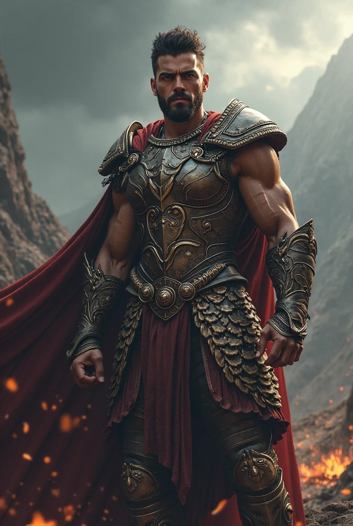 a handsome man, detailed facial features, muscular physique, intricate clothing, epic fantasy setting, dramatic lighting, cinematic composition, hyper-realistic, 8k, vibrant colors, masterpiece