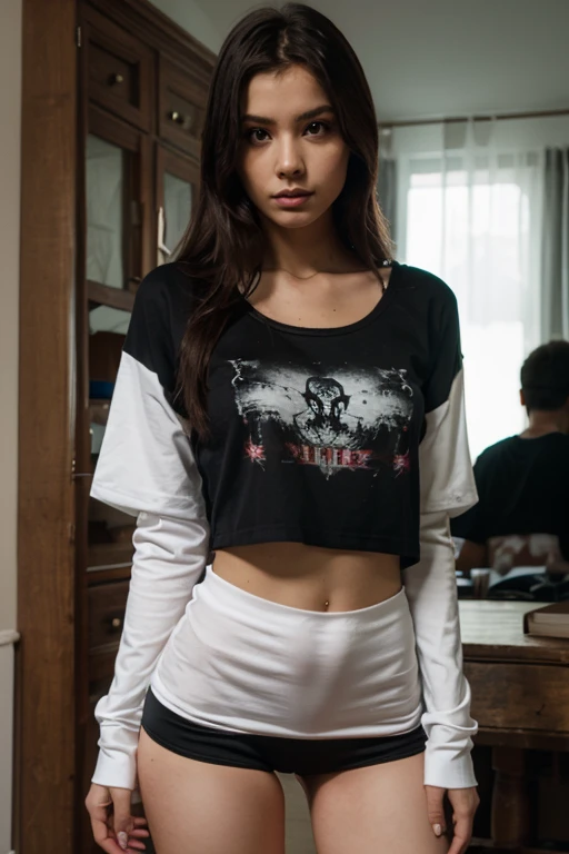 👭, 2korean girl, pale_skin, random color hair, double ponytails, (black smoky eyes:1.2), black eyes liner, black lips, punk rock girl, random tattoo, (oversized orange shirt, ??????????), random basic pose, against random epic background, cinematic lightning, cinematic scene,