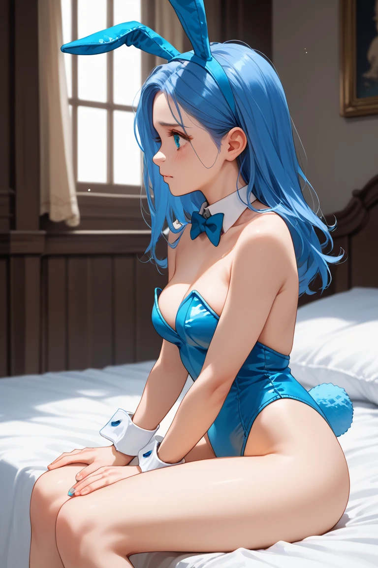 top quality, masterpiece, 1 girl, (One:1.1), ray tracing, Super detailed,detailed face, 8K wallpaper, (wide hips:0.8), Roxy Migurdia NDV, 1 girl, blue hair, Blue eyes, , long hair, hair between eyes, double braids, lure, White dress, witch hat, on open air, is sitting、nsfv