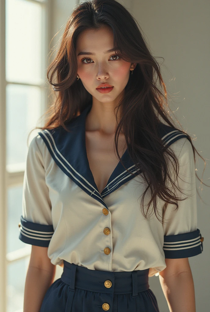 Japanese women Black Hair Long Hair bed In a sailor school uniform Blindfolded, hands and feet tied with rope Bird View (Full Body:1.4) Bright room (White panties visible through the skirt:0.9) Lie