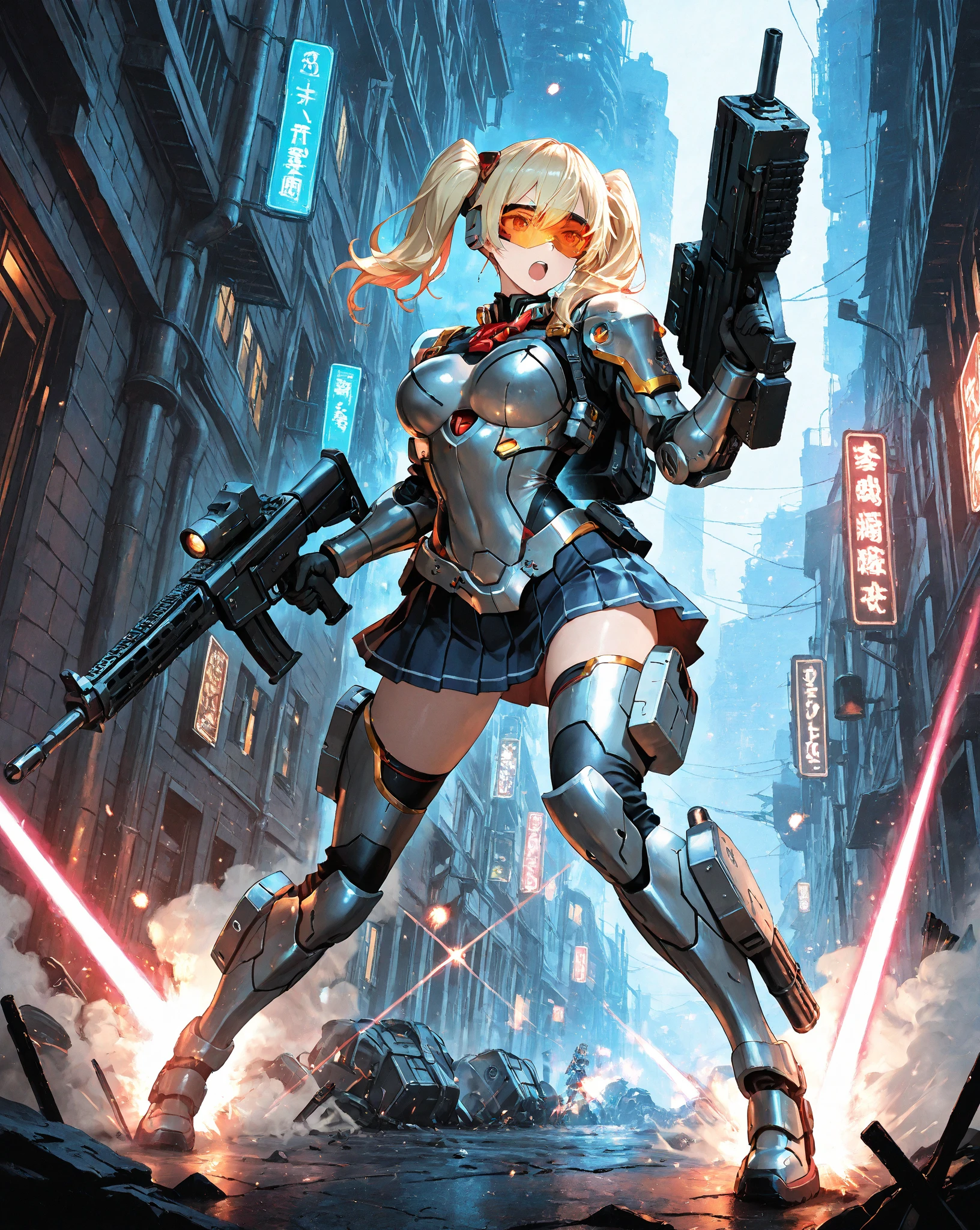 (masterpiece, top quality, dynamic action poses, anime style), A high school student girl wearing a cybersuit-like outfit,She wears a shielded pleated skirt and light-emitting circuitry woven into her full metal jacket, Wearing transparent visor with floating HUD, Fires a neon-illuminating beam from her right hand, Energy particles fly instead of bullets, Side-mounted mechanical shield arms extend from her backpack, Extending forward to block oncoming bullets, Equipped with a beam cannon in her right hand, Fierce combat look, In a desolate urban battlefield filled with neon signs, Flickering hologram, Smoke in a dark alleyway, Broken cyber ad, Dramatic lighting with blue and magenta light, High contrast cinema shot with 50mm lens, showcasing the girl in a dynamic action poses,  background blur, Authentic work shot with Canon EOS R5 camera, Award winning look, Wearing full body tactical armor, Carries multiple weapon systems, including a shoulder-mounted missile launcher, High performance machine gun, And combat knife, Enhanced with cybernetic prosthetics and a powered exoskeleton, Futuristic military-standard equipment, violently raped by a professional,