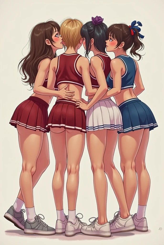 extremely detailed picture of 4 cute cheerleader girls kissing in short skirts showing panties