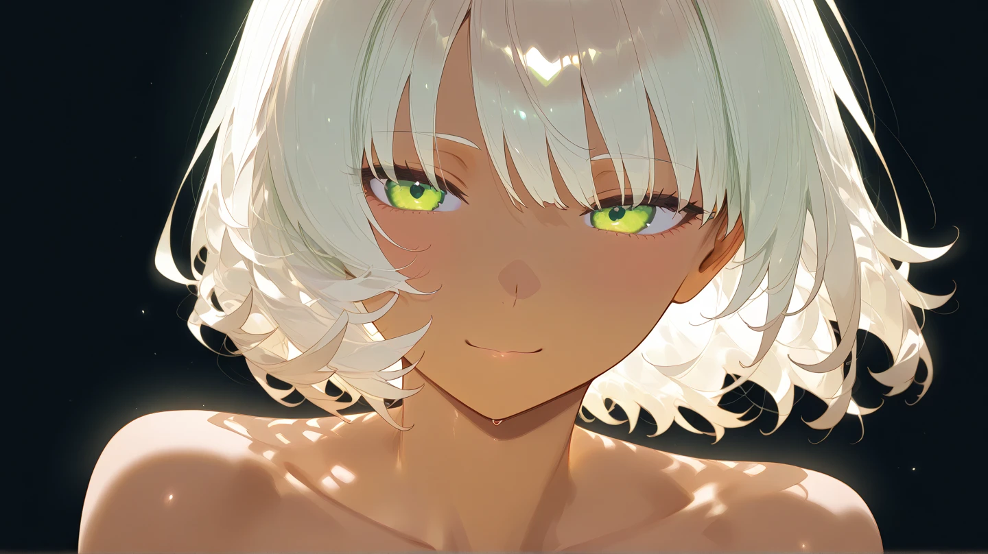 A close-up of a person with an ahegao expression, looking directly at the camera. Soft lighting highlights the contours of the face, while the blurred background features subtle shades of blue and green. The person has slightly messy hair,naked, conveying a sense of naturalness and authenticity. the style is minimalist, focusing on the details of the face and eyes, that reflect a soft light, creating a charming and welcoming effect.
brown skin, tanned, pink nipples