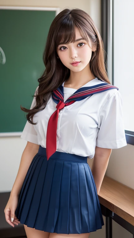 ((Breast enlargement)), (masterpiece, Highest quality:1.2), 8K, Young and beautiful girl, 85mm,Official AR RAW Photos, (Baby Face), ((Small face)), (((Super big breasts))), Detailed nipples, Show me your ears、photo shoot, Cute face, Thighs, Classroom after school, Look away, Embarrassing、smile、 makeup, Film Grain, chromatic aberration, Sharp focus, Face Light, Bright lighting, 10 generations, Detailed face, Background blur、((((((14 year old high school girl))))))、Narrow waist, ((Sailor suit, Navy Pleated Skirt)), (White tiny panties), ((Sit with your legs apart)), ((Show me your hips))