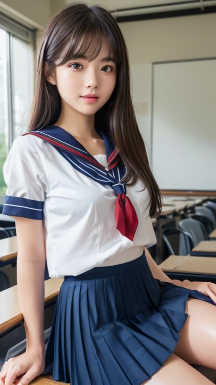 masterpiece、最high quality、high quality、high quality、premium quality、wonderful品質、Exceptional quality、excellent quality、Luxurious quality、excellent quality、best image quality、8K、super resolution、最High resolution、High resolution、最high quality、Rich shades、shining quality、crystal clear、realistic images、perfect details、Image without defects、clear image、wonderful表示、bright colors、deep contrast、high fidelity、amazing clarity、optimal performance、realistic、wonderful、perfect image、Close to reality、Realistic human body in every detail、Realistic skin in every detail、Realistic face in every detail、Realistic eyes down to the details、Realistic lips in every detail、Realistic teeth in every detail、Realistic ears down to the last detail、Realistic hair down to the last detail、Realistic arms down to the last detail、Realistic reproduction of every detail、Realistic fingers in every detail、(fine hands、thumb1reference4)、Realistic feet in every detail、pretty girl、beautiful girl、attractive girl、attractive young woman、wonderfulティーンエイジャー、adorable girl、Shining Girl、innocent girl、sweet girl、beautiful adolescent girl、cute young woman、 the girl who captures your heart、dazzling girl、elegant girl、((japanese model))、((18歳のbeautiful girl))、(black hair)、(random hairstyle)、((whole body))、((beautiful upturned chest))、(slim style、slender style)、(whole body光沢肌、Fair skin)、Detailed and realistic human body、detailed realistic skin、detailed realistic face、detailed realistic arms、detailed realistic fingers、Detailed realistic feet、soft natural light、sailor suit、、junior high school、high school、Junior School、((Sheer Mesh(クロップトップsailor suit、Mini Sailor Skirt))、((in the school classroom(Pose that makes your thighs look beautiful))、random close-up