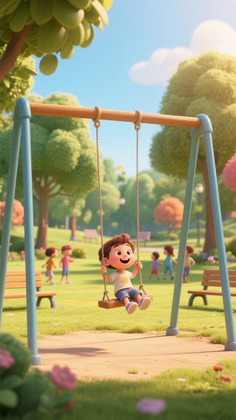 MENINO DE 5 ANOS, PELE BRANCA, CABELOS ONDULADOS CURTO NA COR CASTANHO, OLHOS ARREDONDADOS CASTANHOS, HE IS WEARING A GREEN BLOUSE AND BLACK DENIM SHORTS. HE'S SMILING AND PLAYING WITH A RED STROLLER. THE BOY IS IN THE BACKYARD OF YOUR HOUSE, AO FUNDO VEMOS UMA GRAMA VERDE, A TREE AND A SWING AND A FEW MORE TOYS SCATTERED AROUND.