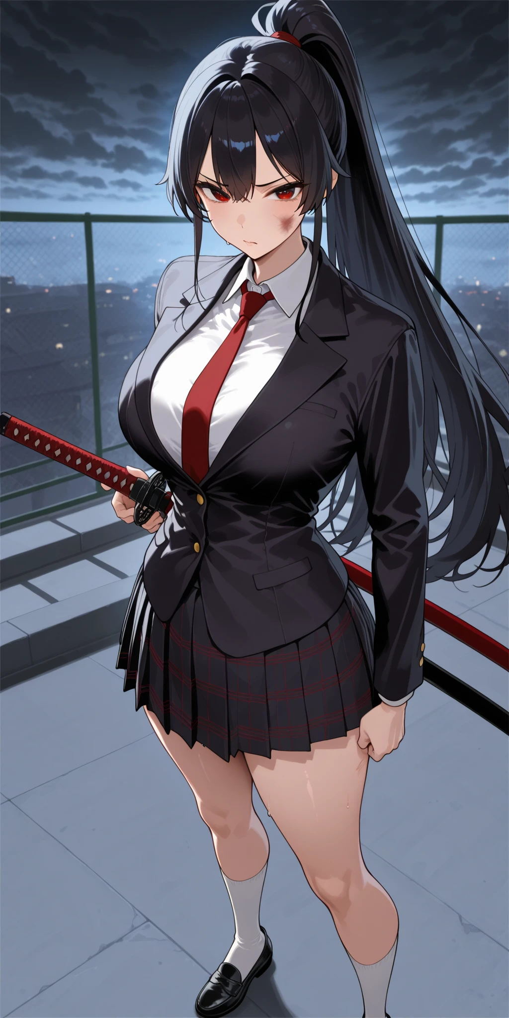 A lovely woman, business attire, confident stance, wielding a laser sword ramen advertisement 'obliterate your hunger'