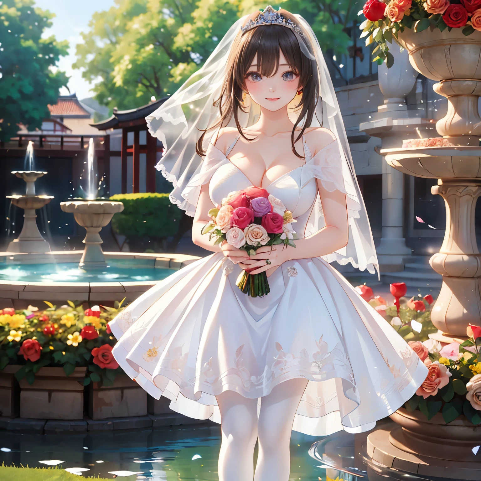Sister wearing a mini wedding dress under the cherry blossom tree, cherry blossom petals dancing, beautiful eyes, eye shadow, red lipstick, beautiful bride, cleavage, bare feet, masterpiece