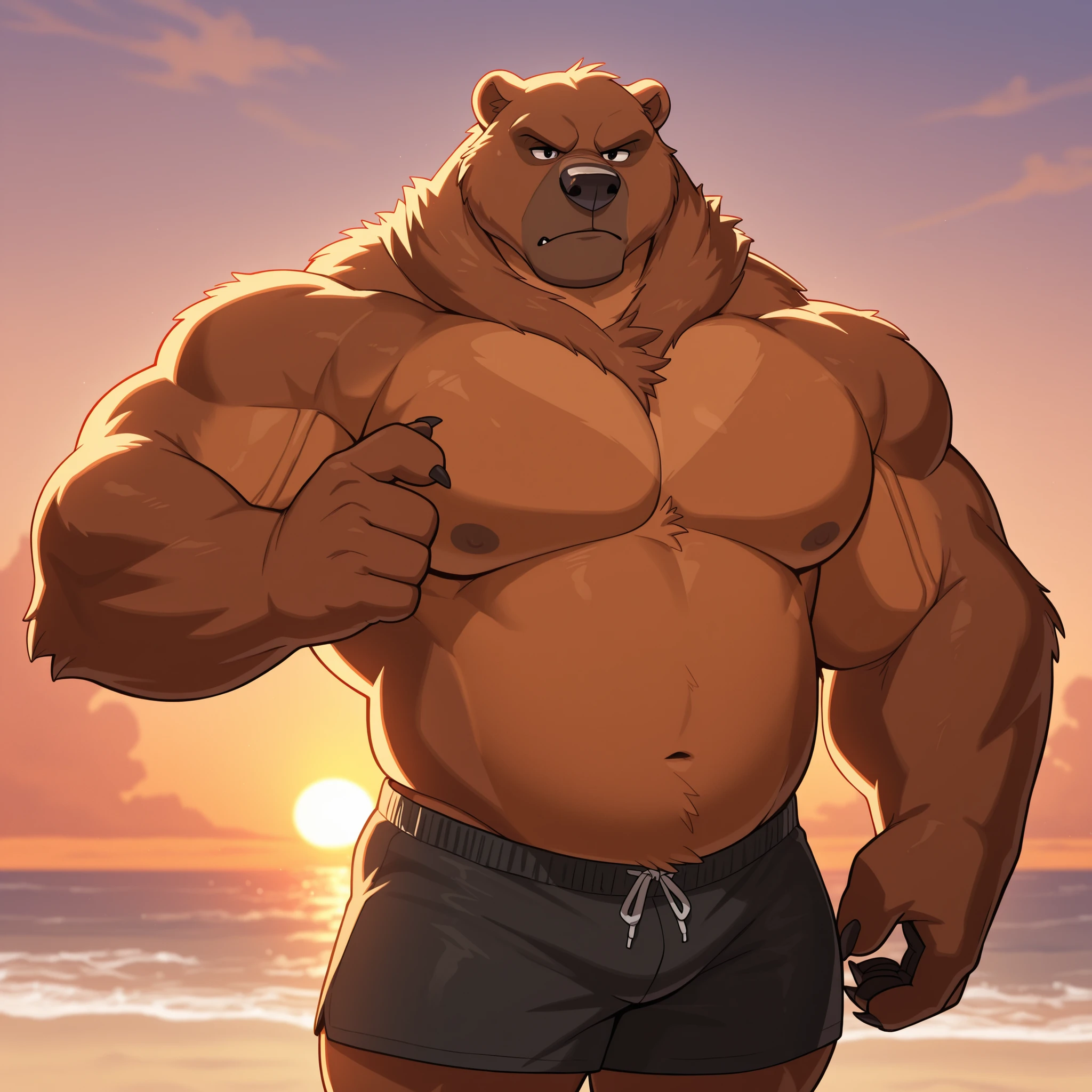 solo, 1boy, beach, size different, extremely huge muscular, massive muscular, Baloo, jungle book, grizzly bear, full-body, well-muscled bring shirtless in a black swim trunk shorts in beach. Flexing his arms. ((extremely muscle size, super thick arms, huge bidy, thick brown fur, extremely wide body and shoulder , huge arms)). and add details to make it attractive and interesting. Add textures and details to make the image more realistic, such as the appearance of the shirt texture and the appearance of the skin. Make sure the resulting image is high resolution, 8K quality.", simple background, masterpiece, high detailed, 8k, high resolution