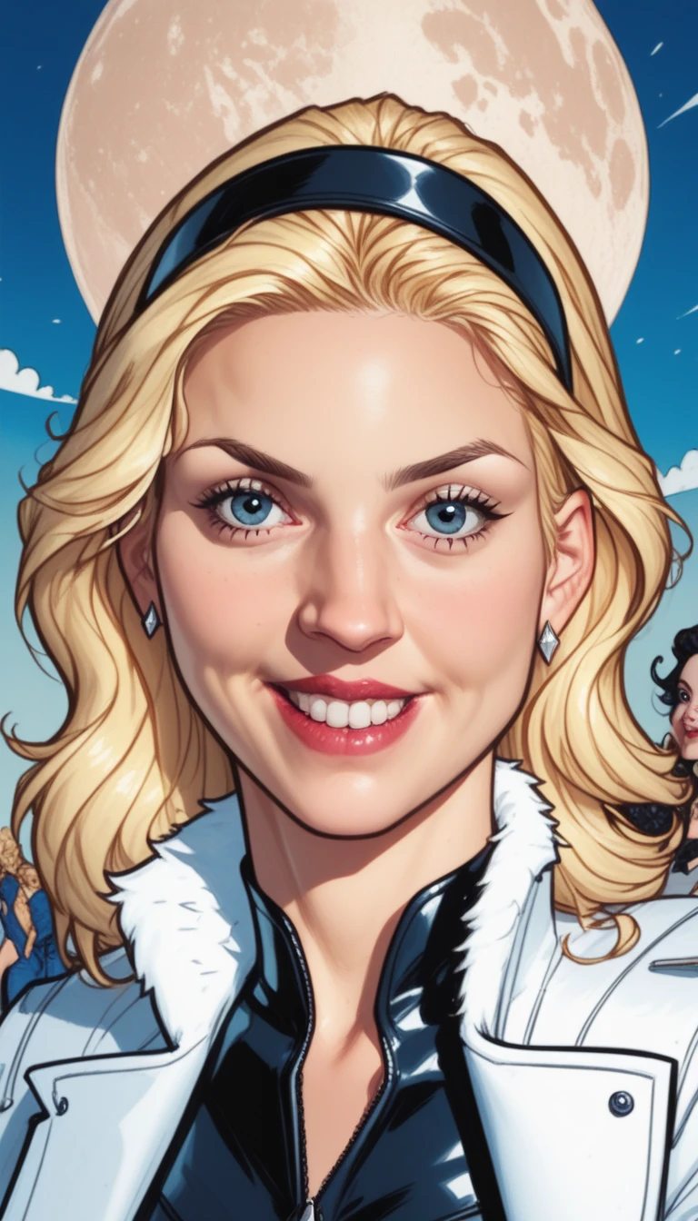 (cartoonish style), flat color style, close up illustration of a woman, on a snowy street, long platinum blonde hair blowing in the wind, (wearing voyunf red and black command uniform:1.3), (looking up:1.2), smile, snowing, snow, cold winter day, busy city background, cars, buildings, detailed face, perfect eyes<lora:VoyuniformUltimate-000212:0.8>