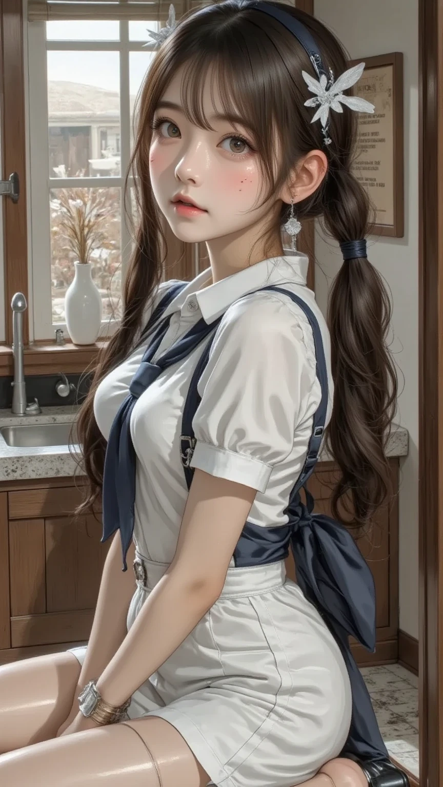 Black long hair loli, Wearing a maid outfit, Kneel down, Legs and five fingers, More meat, Cute 2D, Background Backlight HD