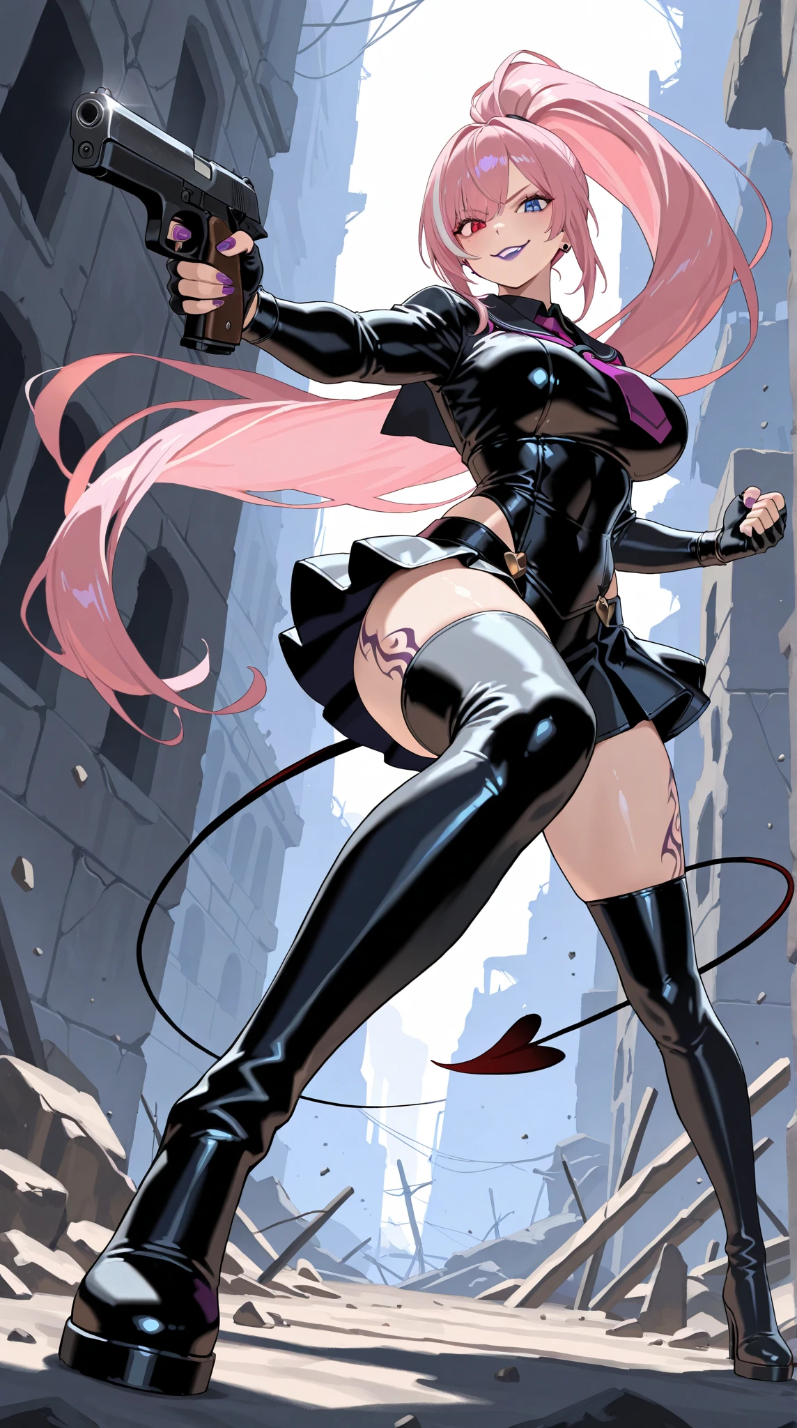 perfect and beautiful face, beautiful girl in hot pink pointed toe stiletto knee high boots, standing on street with sword in her hands ,, leatgher gloves on, big breasts and buts