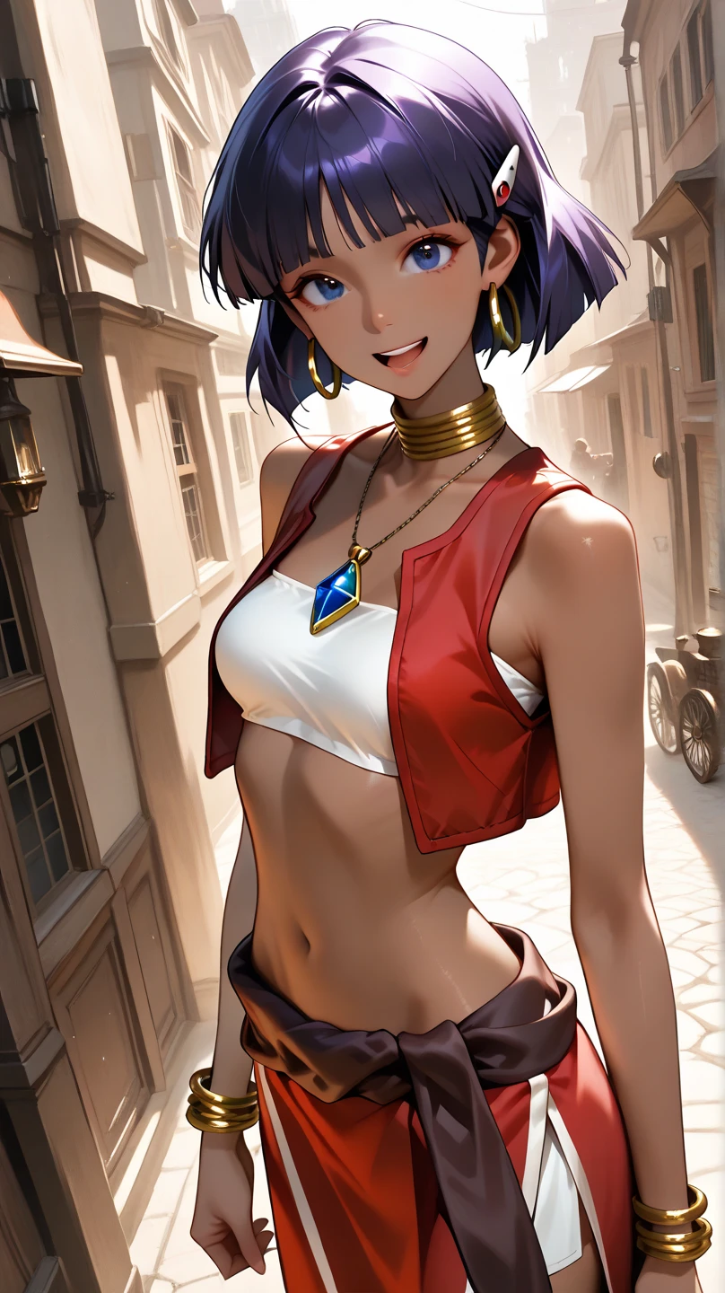 (best quality, masterpiece, colorful, dynamic angle, highest detailed)(Nadia la Arwall), upper body photo, fashion photography of cute 25 years old girl (Nadia la Arwall)<lora:Nadia:0.8>, intense green eyes, dark caramel skin, dressing white bandeau top, red short skirt, (high resolution textures), in dynamic pose, bokeh, (intricate details, hyperdetailed:1.15), detailed, sunlight passing through hair, monocromatic splash art background(high contrast, official art, extreme detailed, highest detailed),
