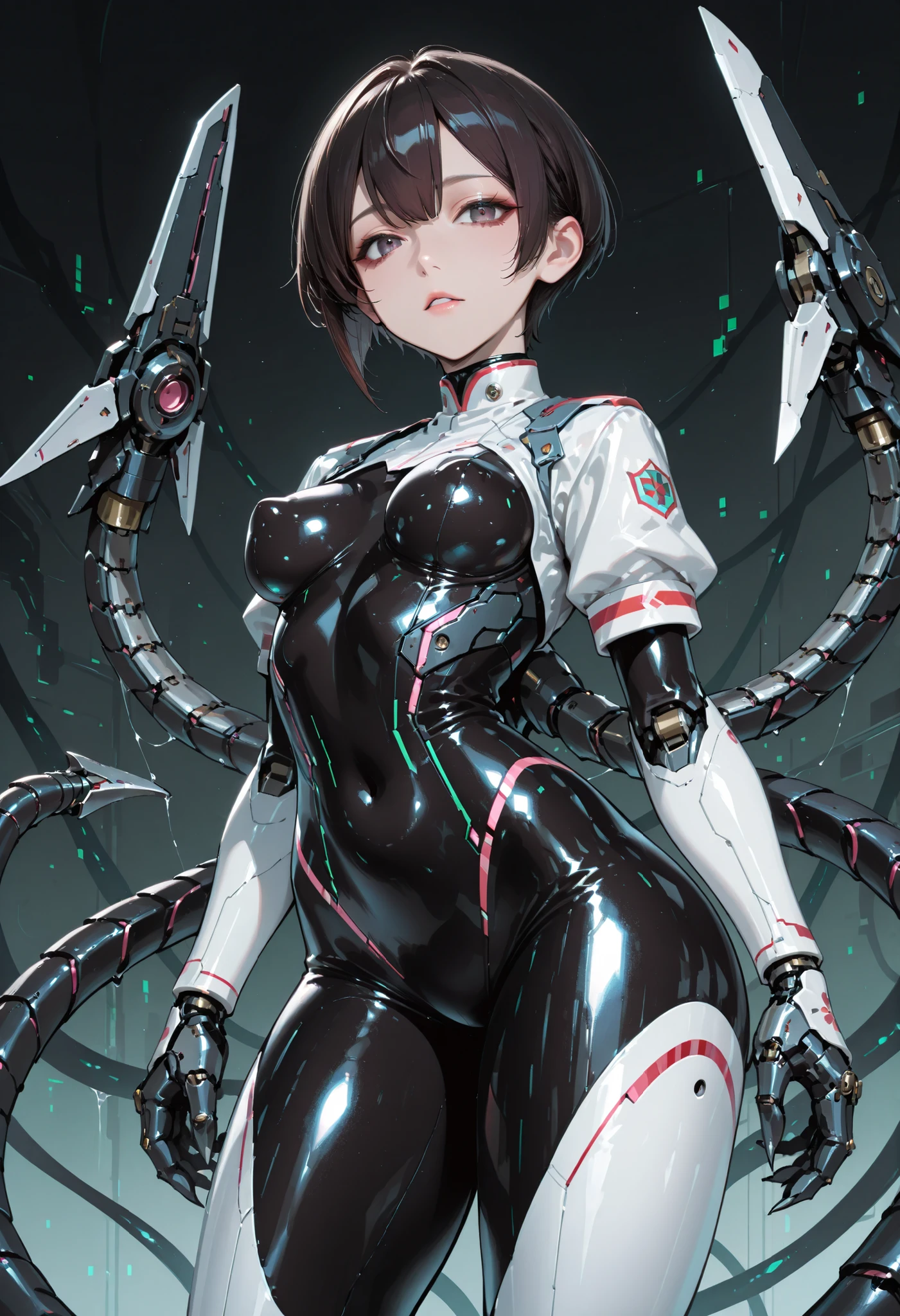 Armed Girl. dark haired. short hair. . Japanese student top. white uniform. Glossy. black bodysuit. latex bodysuit. Perky breasts. slender waist. thighs. electronic circuit pattern costume. with mechanical monster. turret . mechanical tentacle arm. Tentacles with claws.