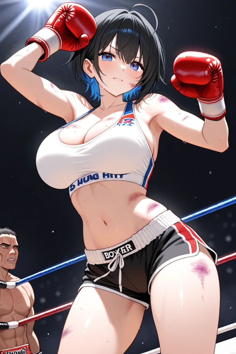 (hinata\(boruto\), ((armpit guarding:1.2)), (high quality:1.8), (red boxing gloves:1.7), upper body:1.5, (gorgeous:1.9), (ultra detailed body:1.4), (background: simple white background only), (anime, tall woman, cowboy shot, ((arm curves:1.5), (defined biceps arms:1.2), ((topless, red thong only and wear nothing else, nipples, bare arms, bare arms, bare shoulders)), (long belly:1.2), (wide shoulders, off-shoulders), smile), (big breasts:1.0) ,(cleavage:0.8), closed mouth), ((pale skin)). ((dark blue:1.3, short hair, hime cut، loose hair, floating hair, floating hair:1.0), (background: simple white background only), (background: simple white background only), (background: simple white background only), (background: simple white background only),
