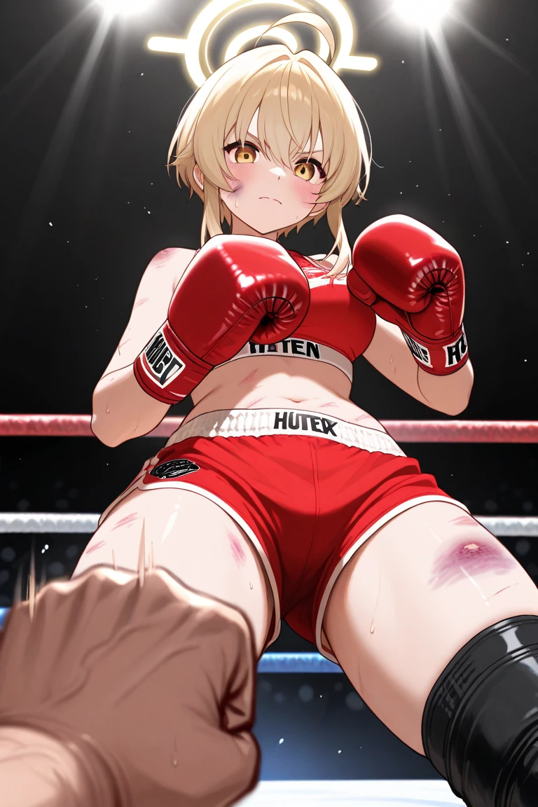((nsfw,sexual act in public)),(((vaginal penis,1man and 1woman,POV,having sex:1.7))),man on top,(simple boxing ring)、((perfect anatomy:1.5,realistic,:1.3,RAW Photography:1.3,masterpiece、highest quality、Ultra - High resolution、High resolution、Highly detailed CG、8K)),cowboy shot,1 female,solo,20 year old beauty、female martial arts athlete、beautiful detailed face and eyes,big and gorgeous eyes),dark blue eyes,(blonde hair:1.2,short bob hair,bangs),(large breasts,slender body,small head:1.4, toned body, gleaming skin,oily skin,shiny skin),((injury,sweat,Bruises from being beaten a lot:1.5,lying on boxing ring,spread legs:1.5)),((naked,bara naked,nipples,vagina)),dim lighting、underground、Audience in the background、