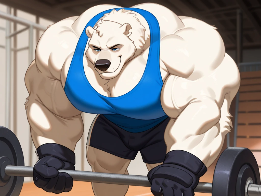Solo, 1boy, Grizzly Bear,personification,Mature male,Hercules, Short White hair,naked,Gentle expression,Blue pupils,gray eyebrows,Scars on face and chest,Shirtless, topless,Huge Muscular, Gym Shorts, Thick Arms, Hands Pulling Cable Flyes, Cable Crossover Machine, The Age of Sweat,Gym Fitness Center。
