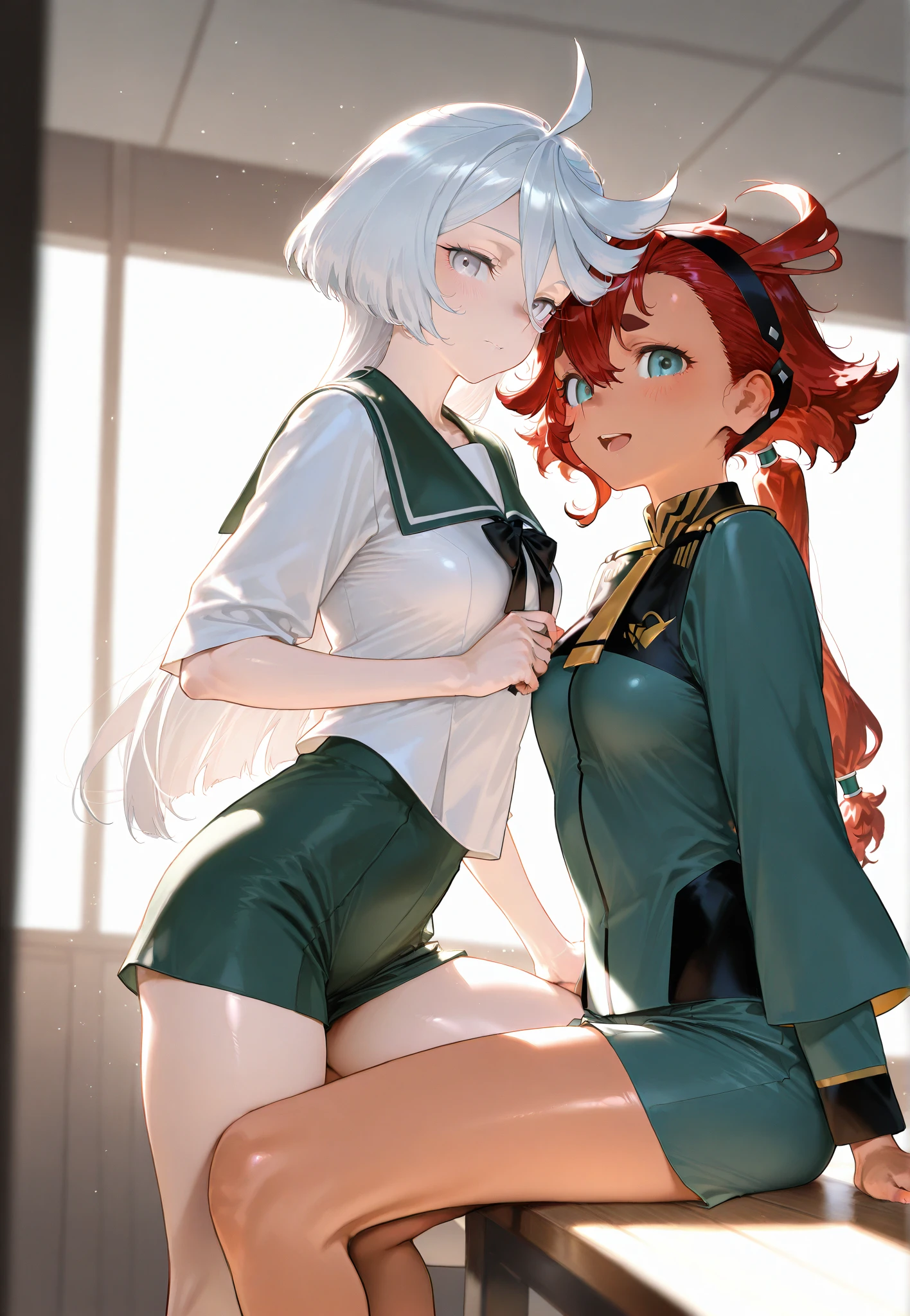 (masterpiece),(highest quality:1.1),(super detailed),best illustrations, (1 girl:1.3)、(Two women kissing),Looking at each other、Thretta Mail、tall、((cute bra、cute panties))、((redhead、Ahoge、blue eyes))、Mioline Remblanc, Asticasia , alone, long hair, gray eyes, gray hair, Ahoge, Legwear with seams, Green shorts, tie, bangs, hair between eyes, black pantyhose, long sleeve, Green jacket, floating hair, red tie、(lily、lesbian、Hugging each other)、(((I'm kissing)))、Western-style room
