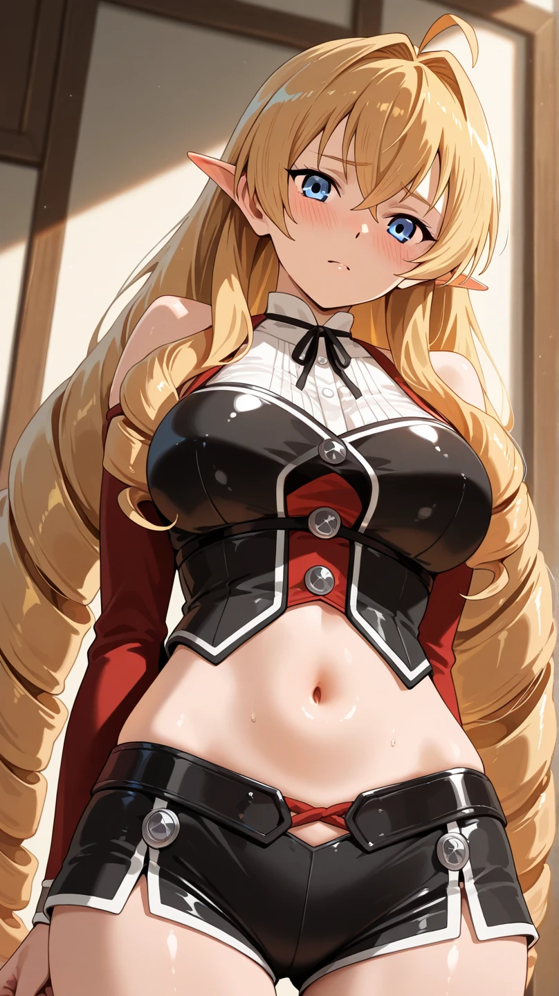 ((masterpiece)), ((best quality)), 1girl, adult, long hair, ((blonde hair)), very long blonde hair, ((intimidant look)), ((close-up)), profile image, green eyes, black and red clothes, sexy, dark colors, brillant eyes, ((coat with fur)), ((wavy hair)), exposed skin, ((sexy pose)), ((intimidant look)), good anatomy, ((dark sage clothes)), ((straight cut bangs)), emotionless, intimidant, ((beautiful eyes)), close up, ((detailed eyes)), beautiful eyes, ((detailed face)), hair bang, frontal look, evil, abs, relaxed, smile, magical goddess othinus, detailed face, eyepatch, full body, ((detailed))