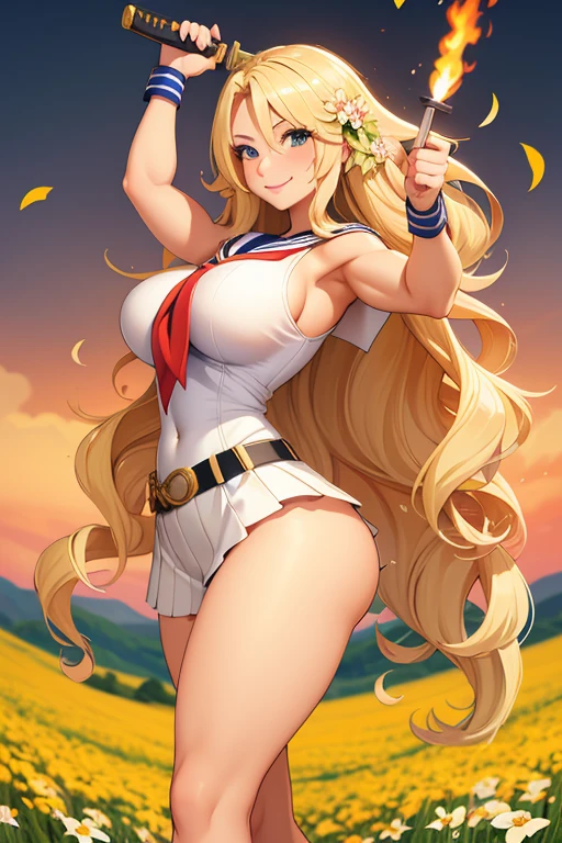 masterpiece, best quality, long hair,  medium breast, cleavage, navel, slim legs, morgan fate blonde hair, forest, cheerleader