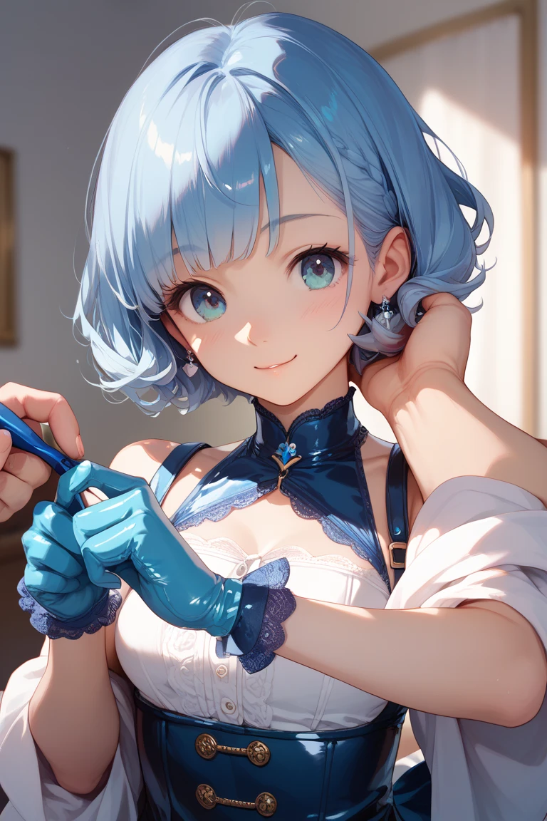 (((Masterpiece)))), (Best Quality))), Hi-Res, Angle from above, (Upper Body), Facing the viewer, standing, ((Cute 1 girl))), Solo, , , White skin, Small breasts, Eight-headed person, (Light blue hair), ((Very short hair)), Crisp bangs, Beautiful hair, Blue eyes, Beautiful detail eyes, ((sticking out tongue)), smile, wink, heart, shoulders out, white mech suit, earrings, (white background), shadow lighting,