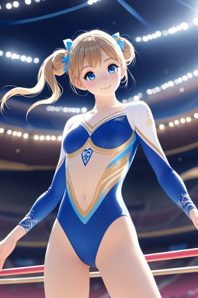 (best quality,8k,high resolution,Masseter film:1.2),Super detailed,Practical:1.37,portrait,Dynamic Angle,Female artistic gymnast ,Teenage Girl,Small head,Lovely,Athletic,Charming face,Detailed beauty face,Very realistic skin,Moist skin,Sweat,Large Breasts,Willow Waist,Beautiful legs ,Athletic,Rhythmic gymnastics competition venues,Movie Lighting,