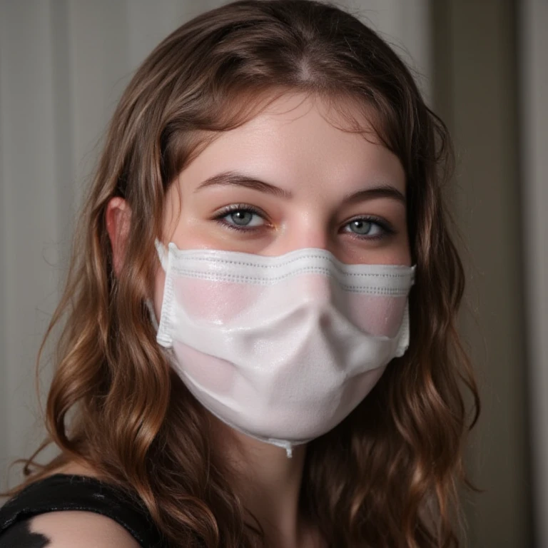 <lora:Delilah:.7>, simple background, upper body, at front, portrait, <lora:GoodHands-vanilla:0.8> better_oppai,  Mauve blouse, shirt, long hair, 
A fabric mask, made of breathable material, covers the lower half of the face. The mask has a simple design and fits snugly over the nose and mouth. The eyes above the mask appear thoughtful and contemplative.