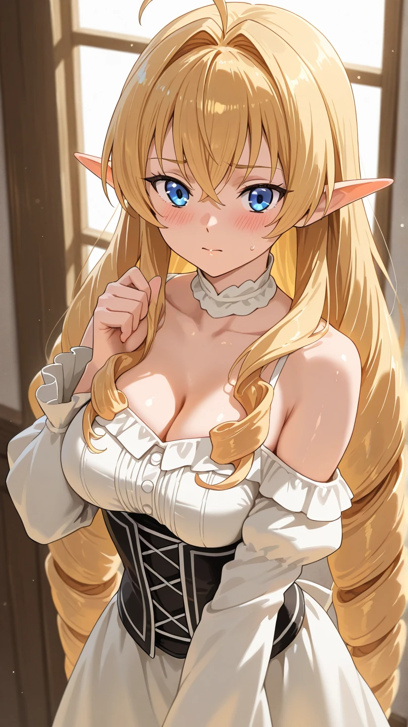 High resolution, Very detailed, perfect lighting, beautiful detailed eyes, ((masterpiece,Best Quality)), absurdities, alone, princess zelda, by the width, crown braid, Hair clip, pointy ears, Elegant navy blue shiny slim fit evening dress, Gloves without fingers, black gloves, smile, curves, deep neckline, deep neckline, Elegant navy blue shiny slim fit evening dress, Primer plano frontal, close up, close up, bare breasts, bare breasts, visible nipples, visible nipples