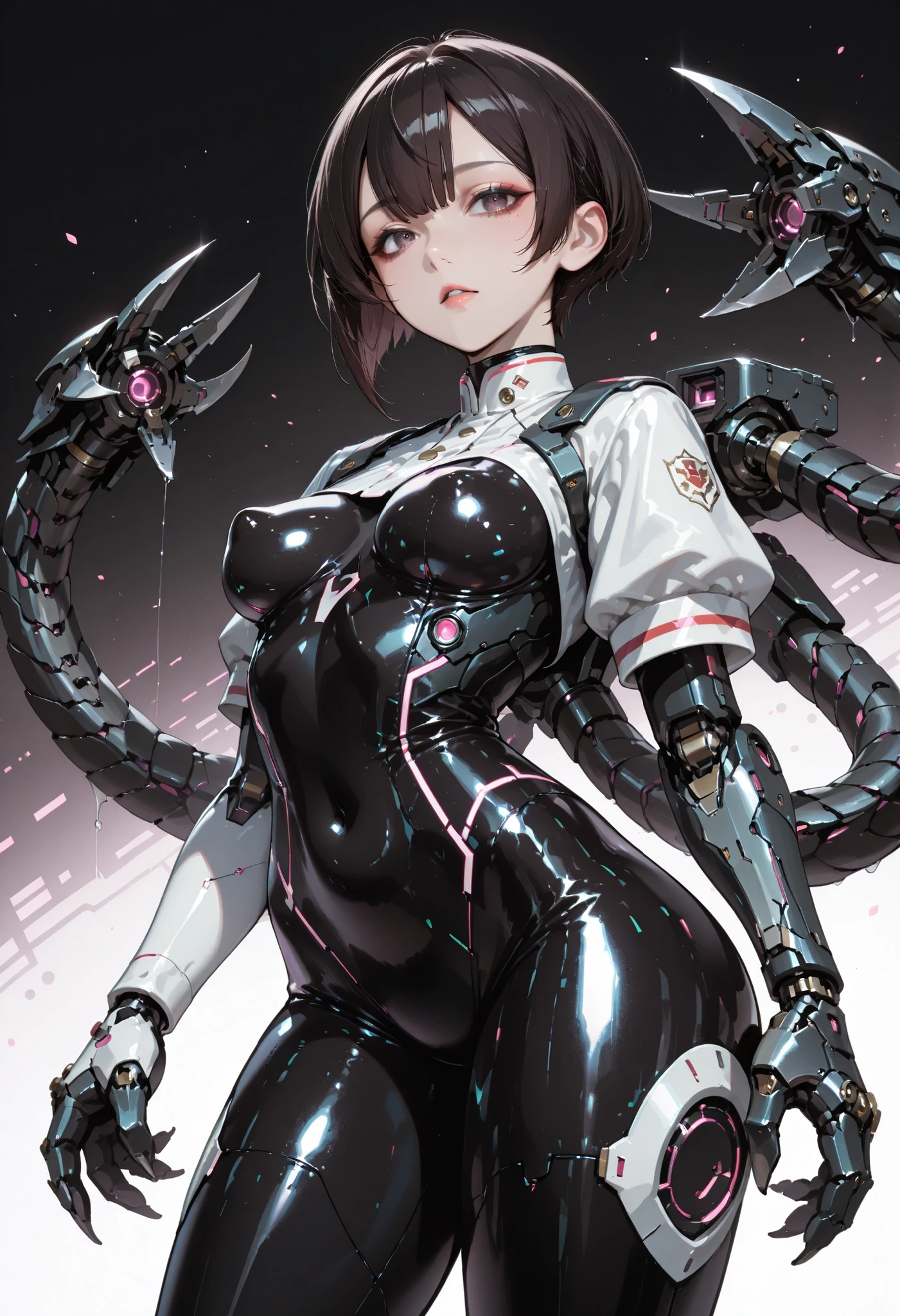 Armed Girl. dark haired. short hair. . Japanese student top. white uniform. Glossy. black bodysuit. latex bodysuit. Perky breasts. slender waist. thighs. electronic circuit pattern costume. with mechanical monster. turret . mechanical tentacle arm. Tentacles with claws.
