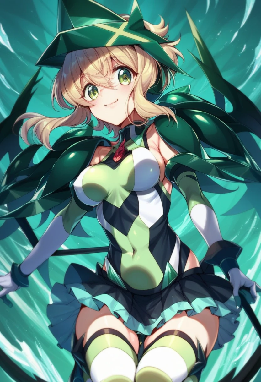 Erotic　Symphogear Akatsuki　Blonde, Big Tits, Tall　Green sequins rubber suit black background heart bedroom dark theme evil temptation excitement condescending smile sexy pose white angel wings angel white bird wings hands on chest