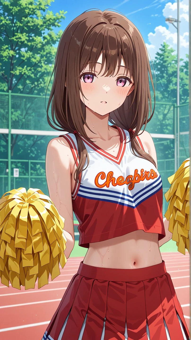 Imagine a  girl who appears in a slightly more realistic anime with long brown hair and blue eyes with a lot of bust and butt and incredible curves who is angry because they played a joke on her and dressed her as a cheerleader on her blouse it says UA and she has a short orange skirt with white and green and her pompoms are orange she is on the cheerleading field 