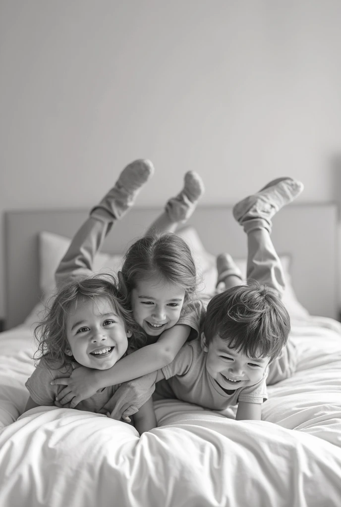A photograph of siblings engaged in a pillow fight while hopping on a bed, taken with an action camera and a tripod, using mixed indoor lighting, and a spirited sibling fun photography approach