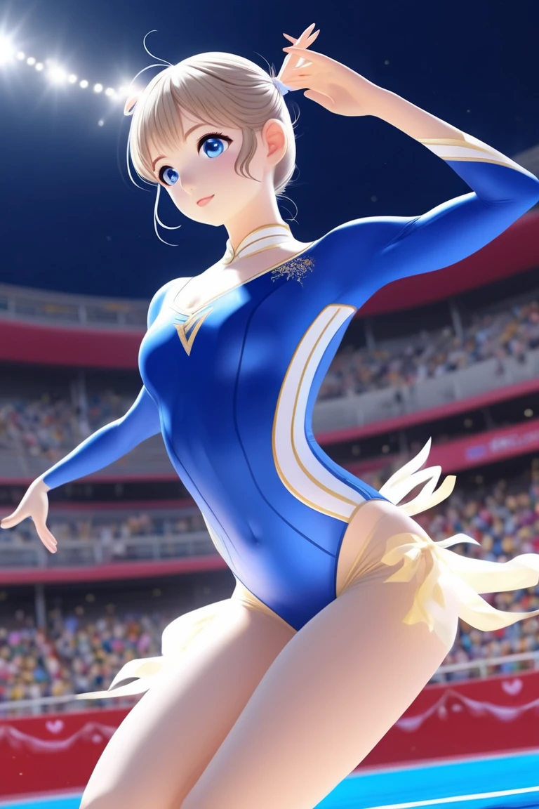 (Official art、Best Quality、Unity 8k Wallpapers、32K、masterpiece、ultra-detailliert、超A high resolution、realisitic、Photorealsitic:1.2)、(Cinematic lighting:1.2)、(Full body)、Realistic pupils、Sharp pupils、gymnast、foco nítido、Wearing a brightly colored leotard、highleg leotard、(Embarrassed look)、A slight smil、Gymnastics competition venue、There were a lot of people in the audience、It has an enthusiastic audience、(During gymnastics competitions)、Beautiful hair of golden color、Blue colored eyes、thighs thighs thighs thighs、poneyTail、(Raising the right arm、Finishing Pose:1.2)、Sweating、