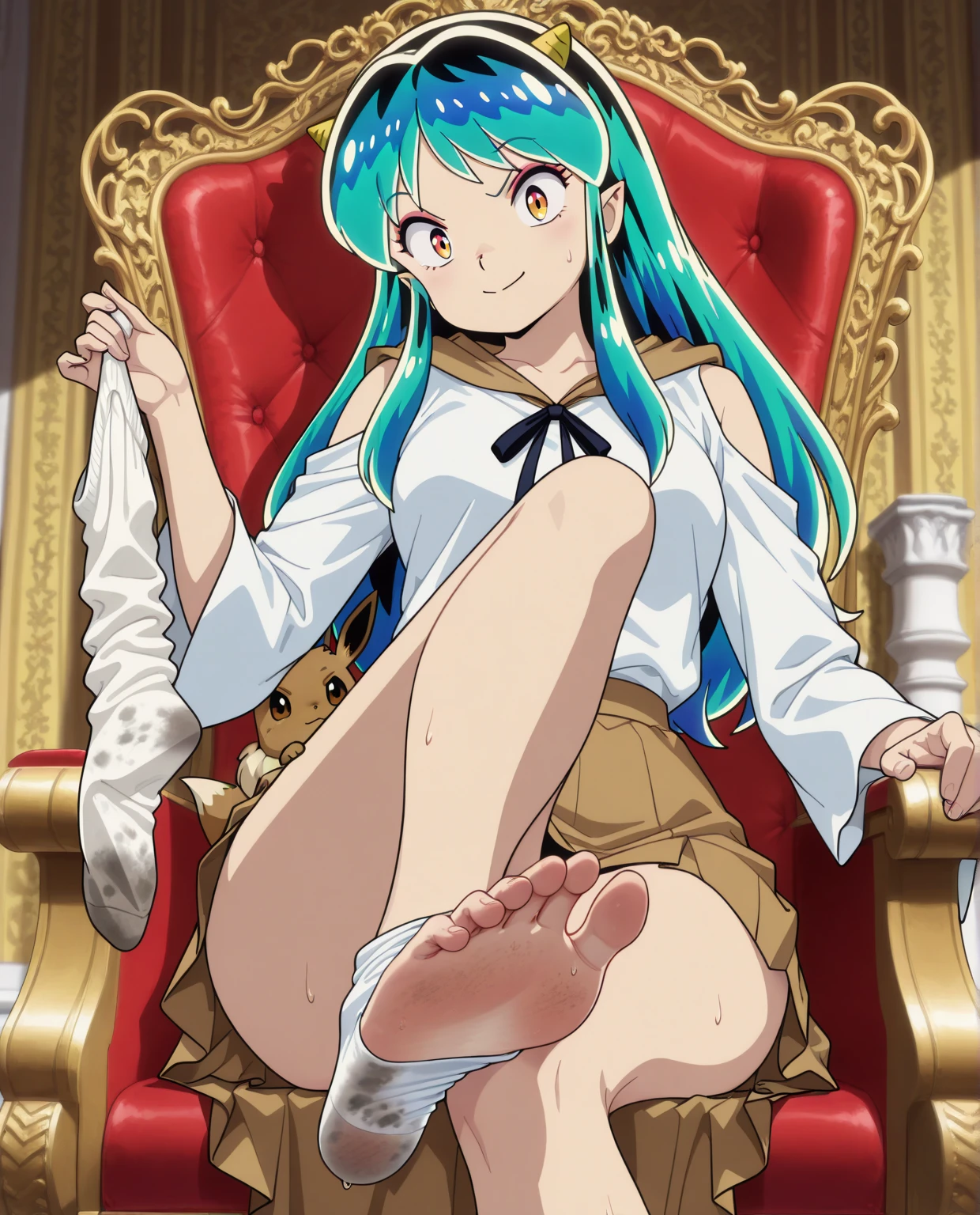 ((top quality, 8k wallpaper)),(masterpiece, best quality),extremely detailed,high definition,(official art:1.3),(((anime screencap,black outline))),<lora:more_details:0.3>,<lora:LCM_LoRA_Weights_SD15:1>,1girl,solo BREAK <lora:aqua_(konosuba)_v1:0.75>, aaaqua,long hair,blue hair,hair rings,hair ornament,choker,bare shoulders,green bow,blue shirt,detached sleeves,blue skirt,thighhighs, BREAK <lora:loungeChair:0.4>,(((smoking,lounge chair,cigar,sitting,smirk,holding cigarette,crossed legs, evil smile))),