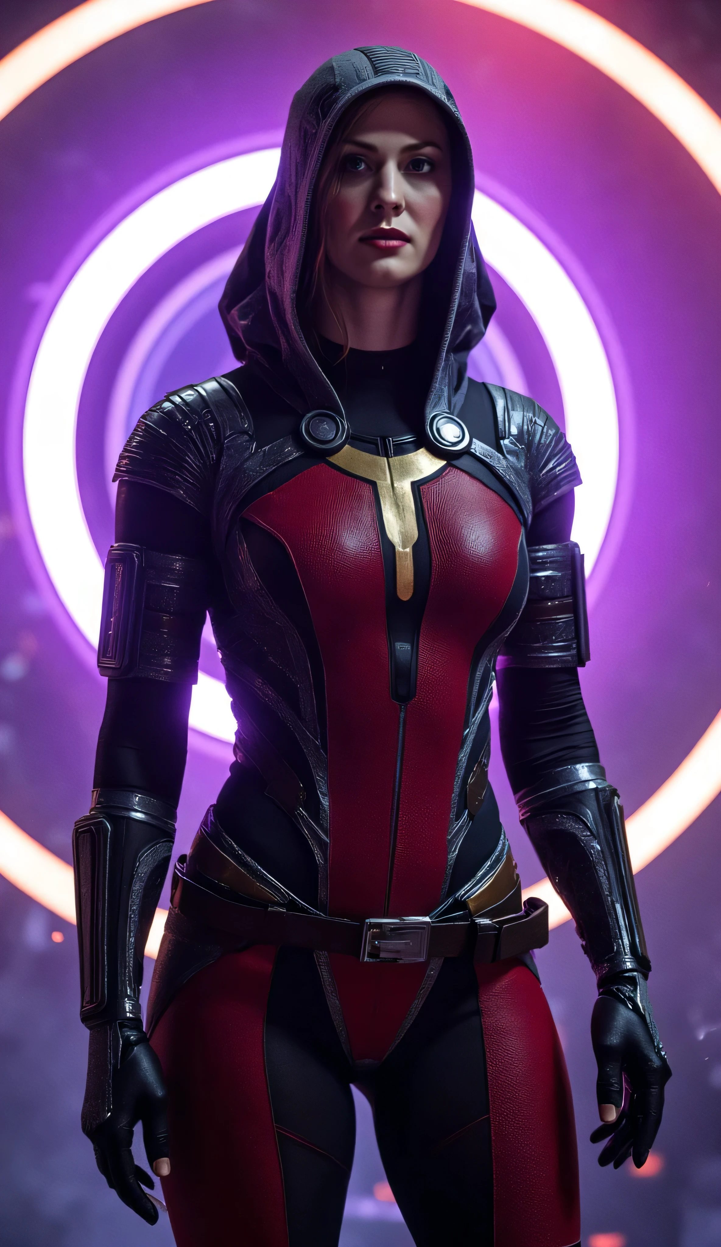 Deborah Ann Woll as Tali Zorah, futuristic character, futuristic warrior, highly detailed form-fitting red and black bodysuit, metallic gold chest plating, silver tech straps, ornate patterns, segmented armor, reinforced panels, visible face, deep hood with fine embroidery, stands confidently, glowing sci-fi structure, circular tech architecture, radiating violet and magenta light, floating particles, soft ambient mist, concept art, cinematic sci-fi fantasy style, ultra-detailed textures, 4K quality