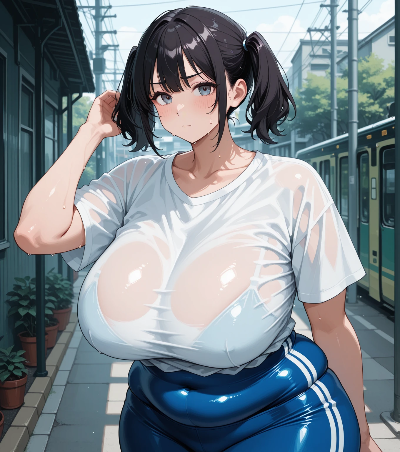 Train , hot, dark skin, brown skin, brown, sweating, sweaty, big ,brown skin, dark skin,tan, flustered, gym clothes, taking the train to gym, blush, black clothes, brown hair, long hair, headphones, brown skin, tan, darkskin, gym clothes ,big , headset, white pink shirt, side ponytail, sexy body, big , massive breasts, embarrassing, embarrassed, huge breasts, train, standing on train, inside train, adult body,brown hair huge breasts, sexy adult woman, black shorts, biker shorts, black biker shorts, inside train, standing inside train, bikershorts. pink headphones, headphones, , sexy woman, pink eyes,, darkskin, brown skin, huge breasts , brown skin, dark skin , big boobd , curvy woman, crowded. Crowded train, crowded, train,
