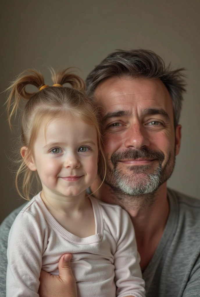 A 4 year old girl with blue eyes with her father tall and white green eyes