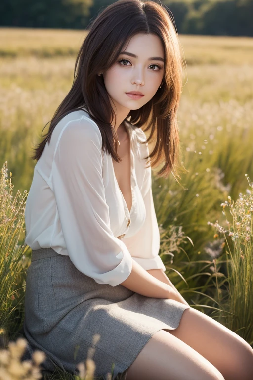 (1girl), extremely beautiful, extremely cute, Amazing face and eyes, (big round eyes:1.15), (extremely detailed beautiful face), extremely detailed CG unified 8k wallpaper, Highly detailed, High-definition raw color photos, professional photograpy, Realistic portrait, celebrities, makeup, Straight hair, brunette, Sitting, (no panties:1.2), Outdoors, dense woods, (Meadows full of wildflowers:1.5), (Wildflower Garden), ((rivers)), (((Bokeh))), depth of fields, (View from below:1.2),
