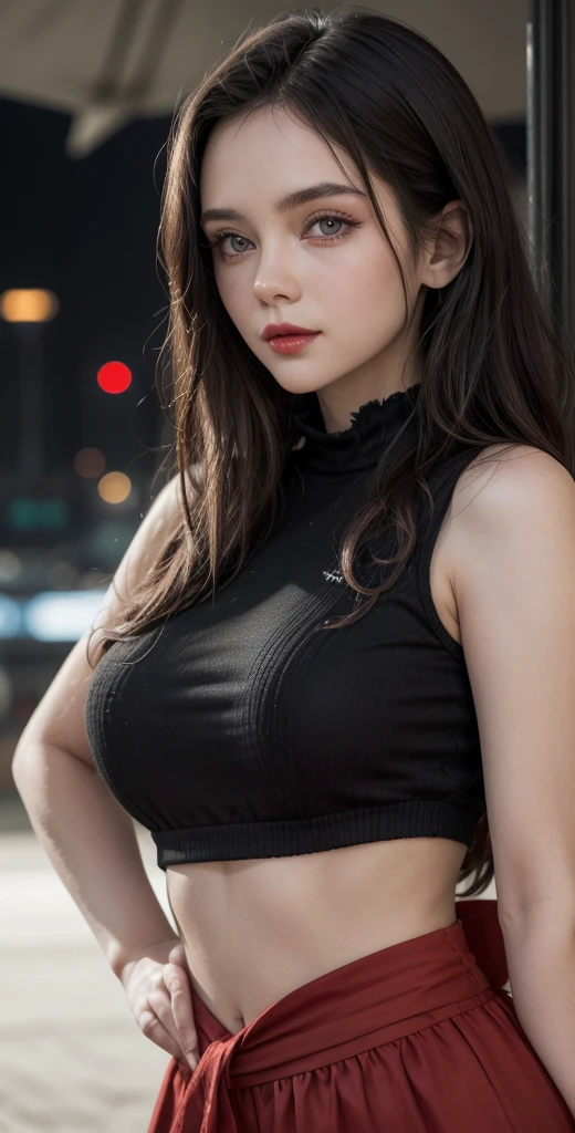 ( (((A beautiful woman))), (beautiful eyes),(((detailed face))),(flawless complexion), perfect body anatomy, natural pose, huge breasts,pretty,white sleeveless turtle neck, white silky clothes, tight mini-skirt, 4k , super high resolution ,(photo-realistic: 1.7),dark background,black short hair, ((SFW)), cowboy_shot, night bokeh, SFW)